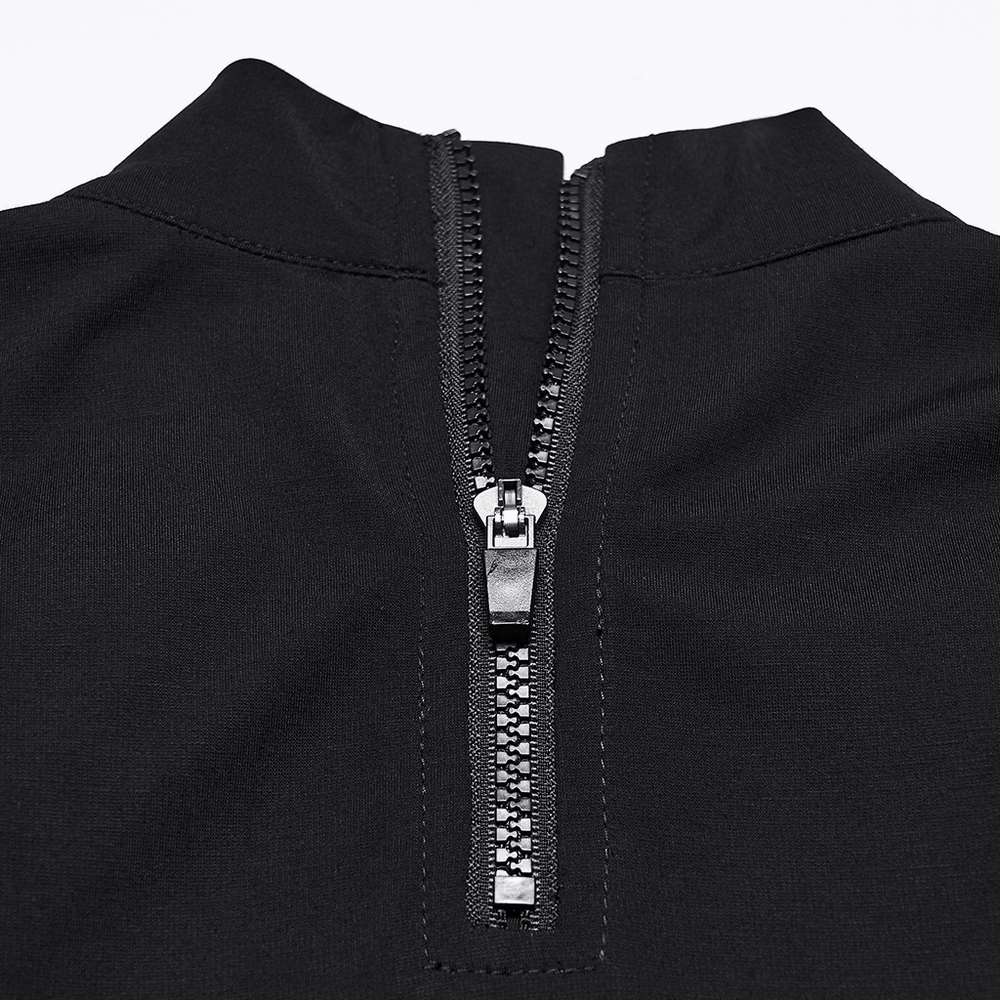 Black Gothic Mesh Sleeve Punk High Neck T-Shirt