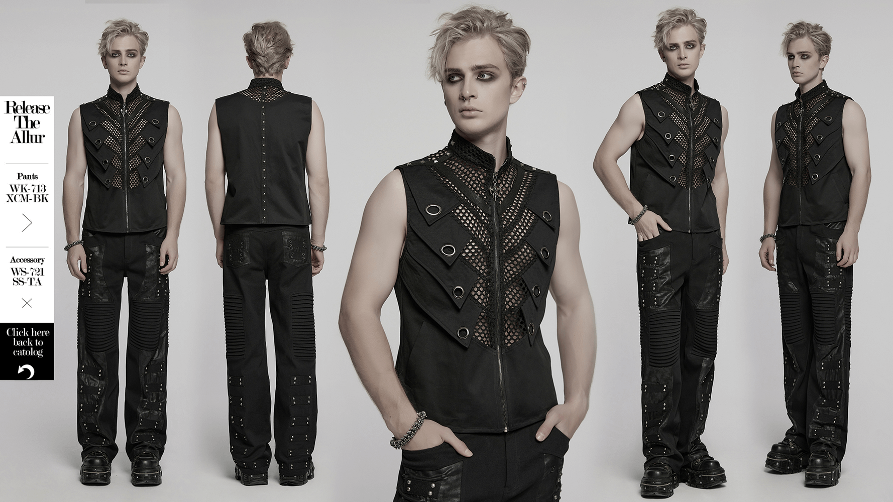 Black gothic mesh vest featuring metal eyelet accents, showcasing a stylish and edgy look.