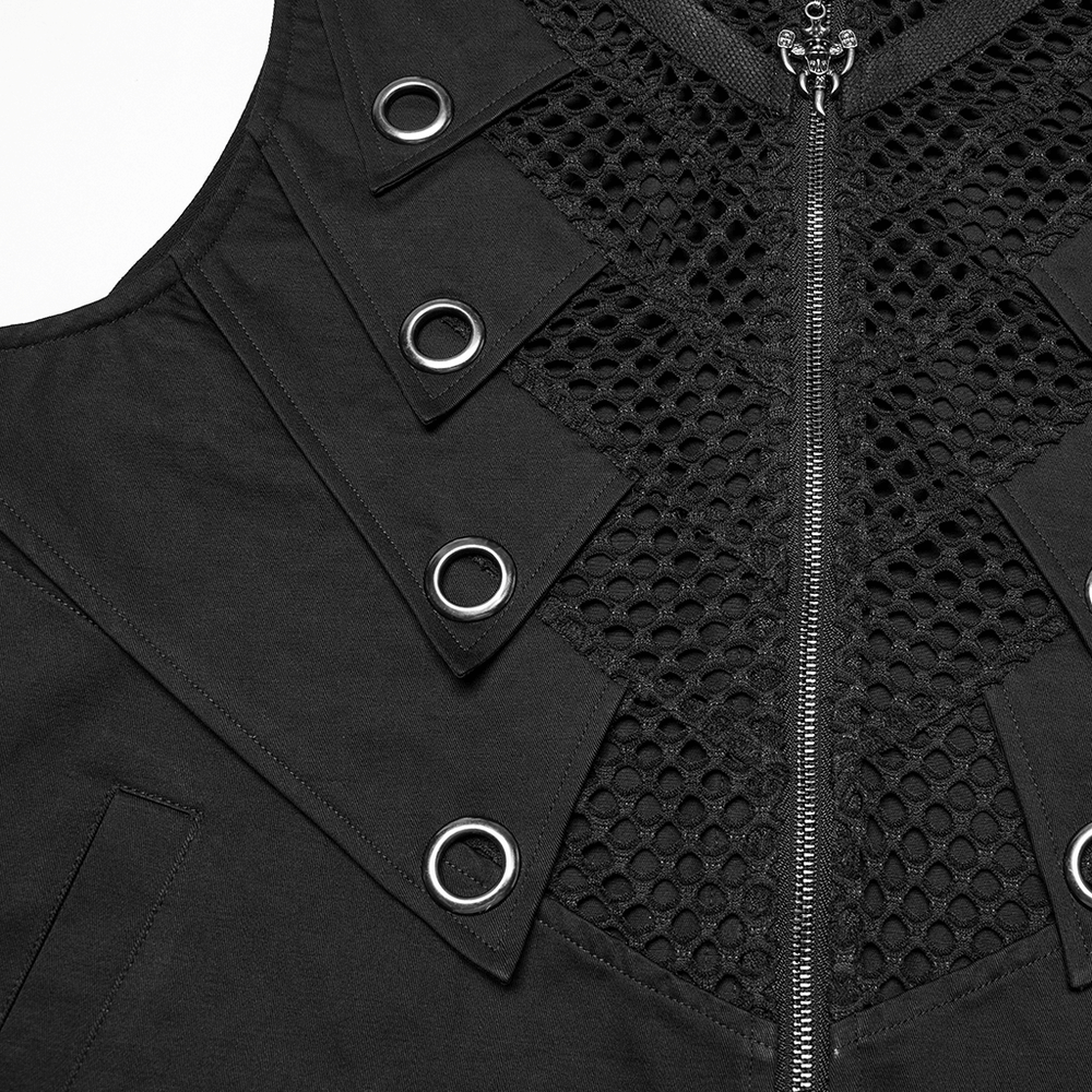 Close-up of a black gothic mesh vest featuring bold metal eyelet accents and a stylish zipper.