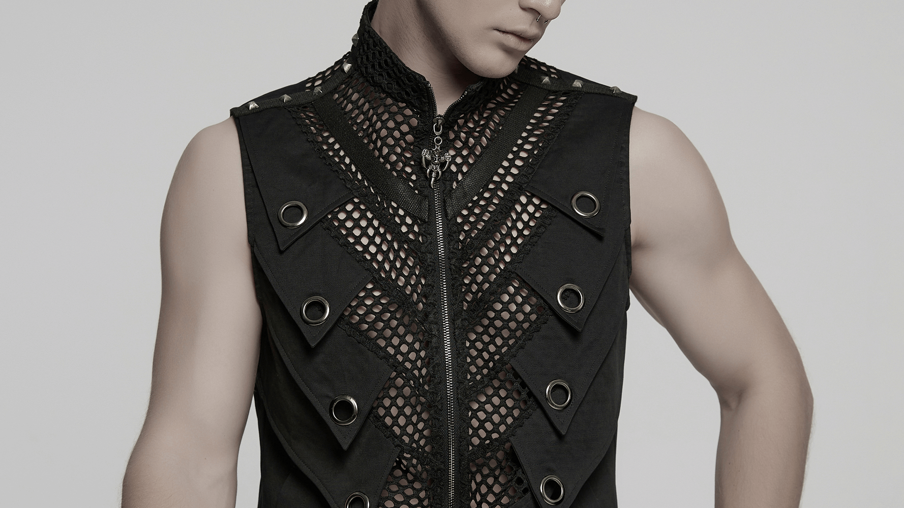 Black gothic mesh vest featuring stylish metal eyelet accents and a sleek zip front, perfect for edgy fashion lovers.