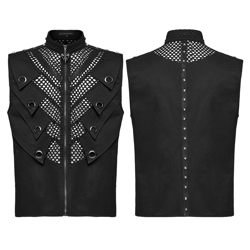 Black Gothic mesh vest featuring striking metal eyelet accents and a unique design for a bold fashion statement.