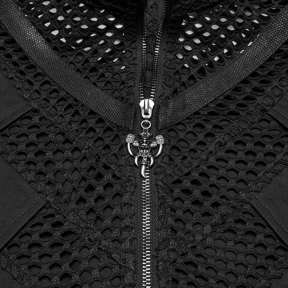 Close-up of a black gothic mesh vest featuring metal eyelet accents and a decorative zipper pull.