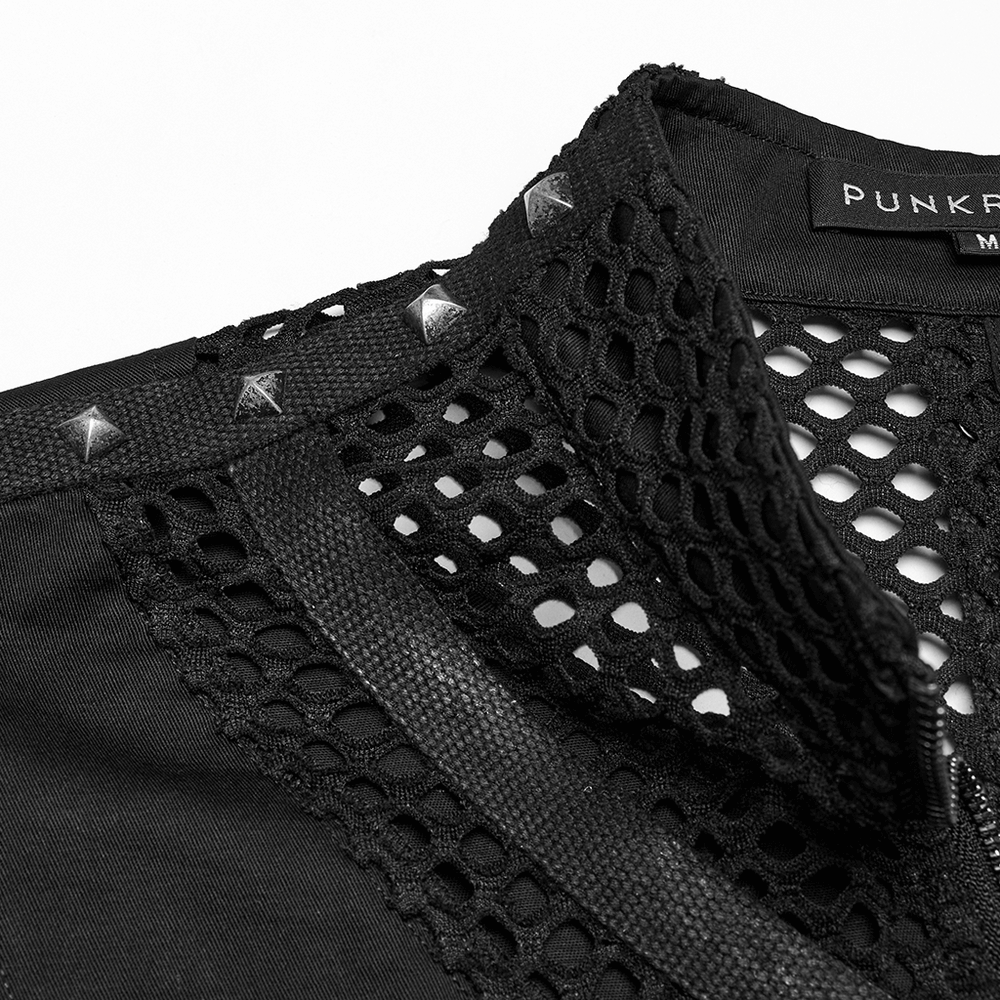 Close-up of a black gothic mesh vest featuring metal eyelet accents for a punk-inspired look.