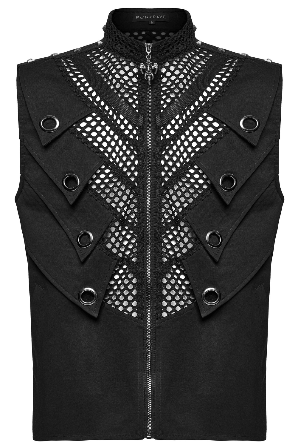 Black Gothic mesh vest featuring metal eyelet accents and a stylish zip front for a daring look.