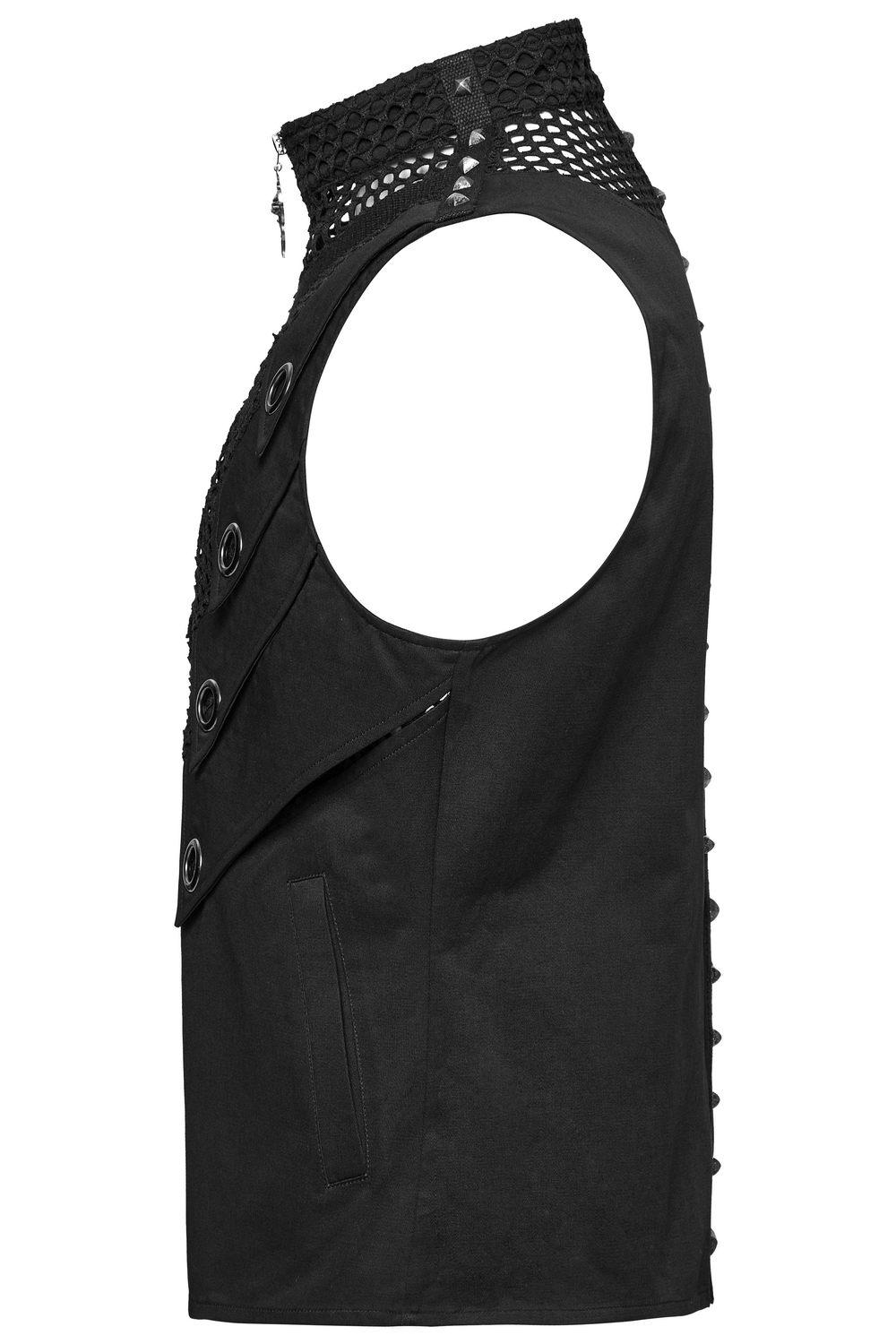 Stylish black gothic mesh vest with metal eyelet accents and unique design for edgy fashion lovers.