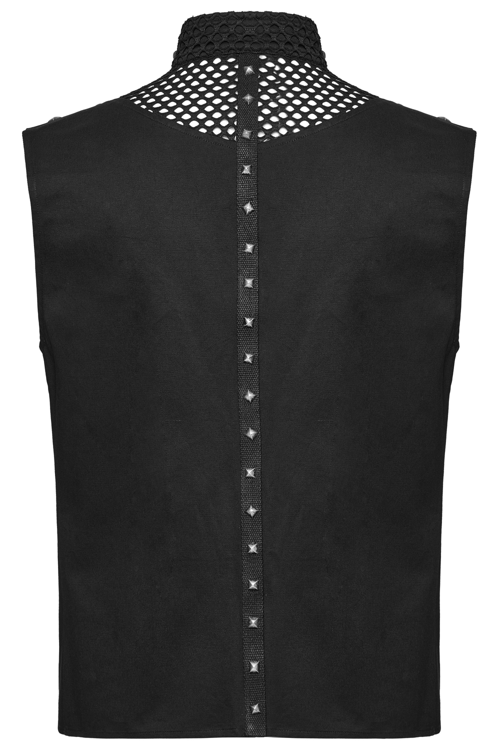 Back view of a black gothic mesh vest featuring striking metal eyelet accents, perfect for edgy fashion enthusiasts.