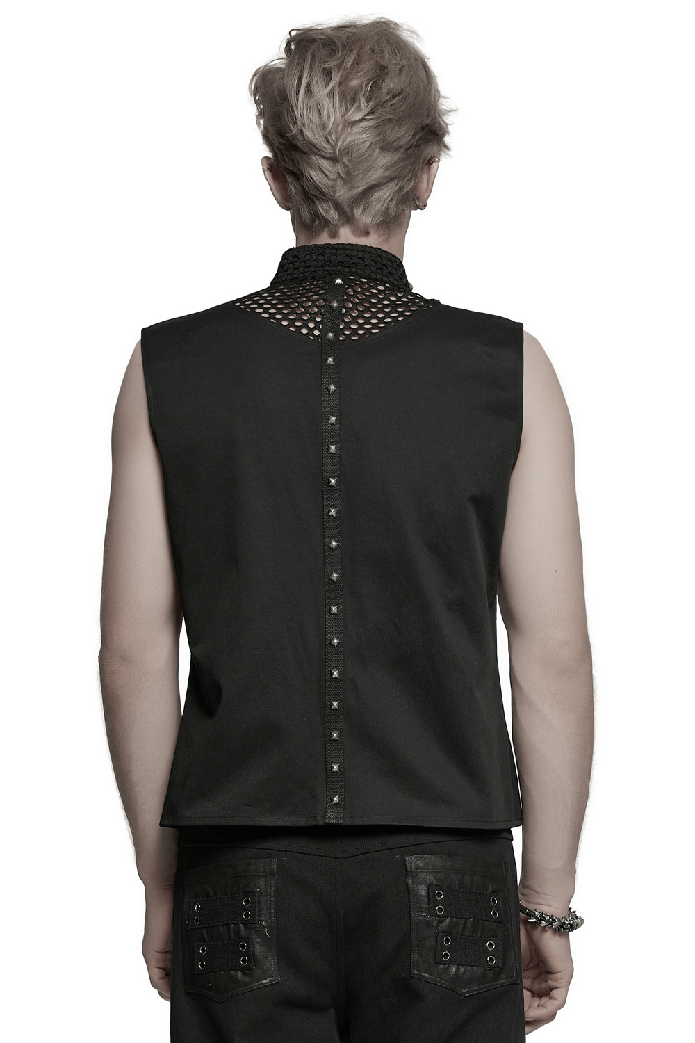 Back view of a black gothic mesh vest featuring metal eyelet accents, perfect for edgy fashion lovers.