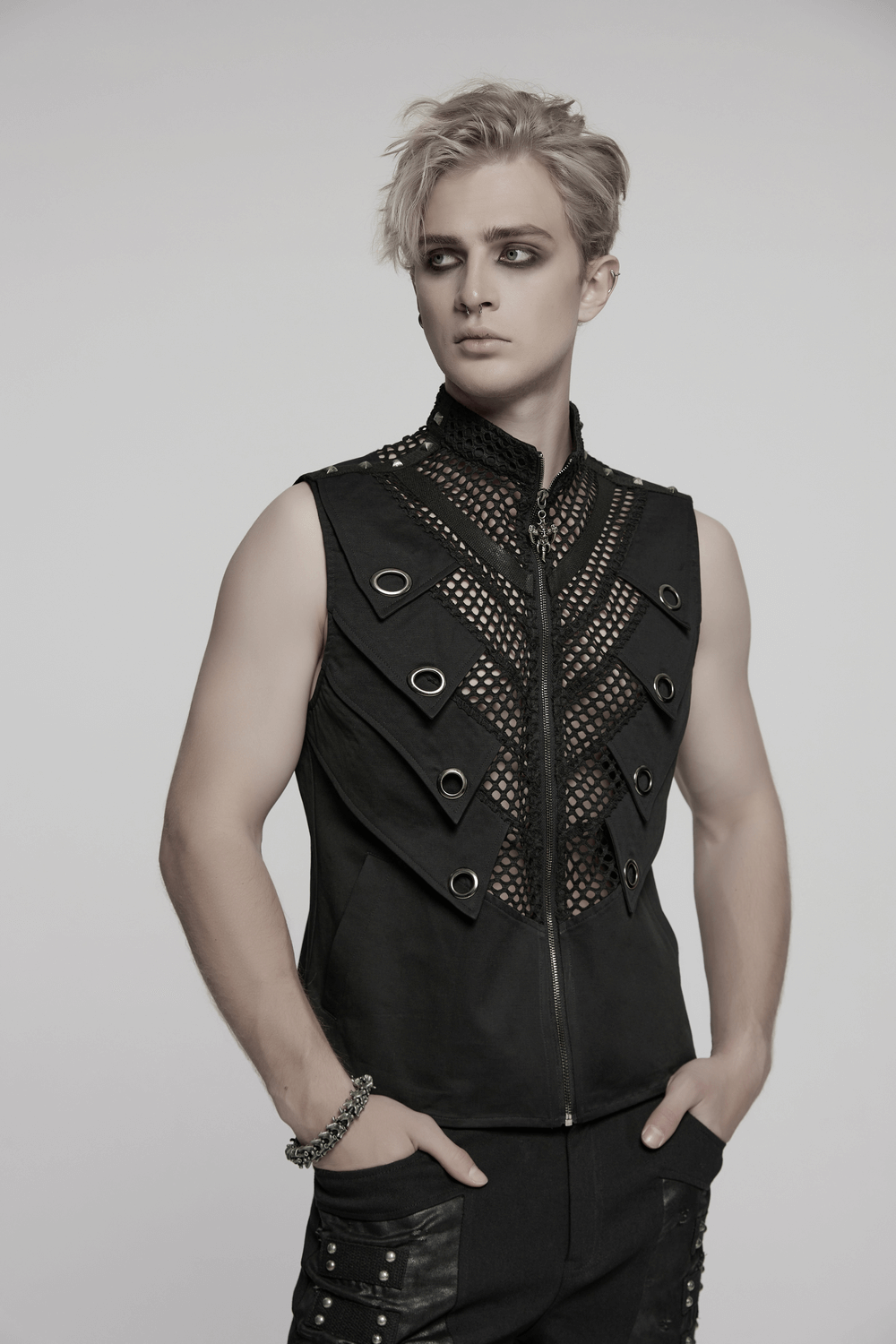 Stylish black gothic mesh vest with metal eyelet accents, perfect for a bold fashion statement.
