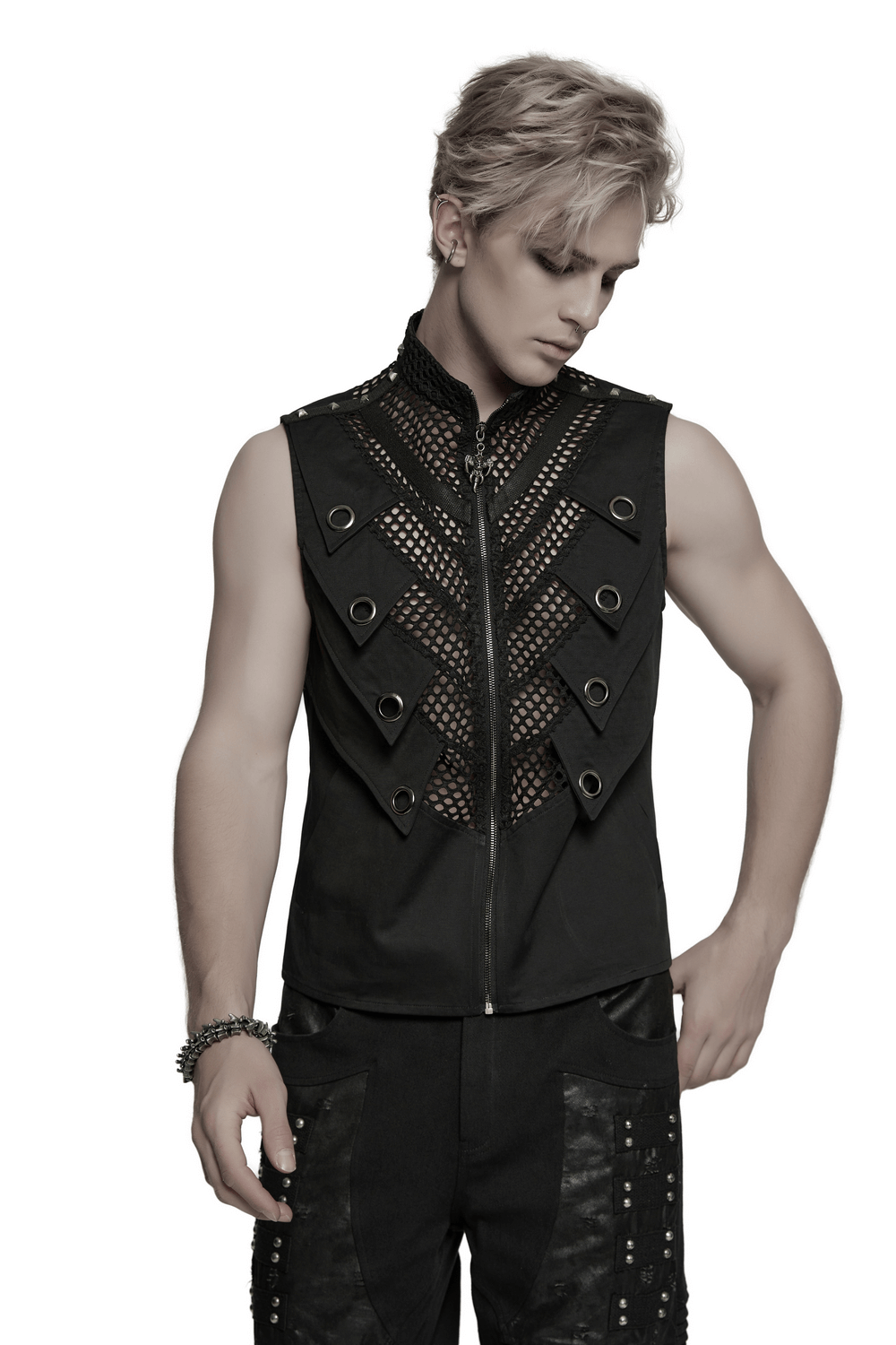 Stylish black gothic mesh vest with metal eyelet accents, perfect for edgy fashion enthusiasts.