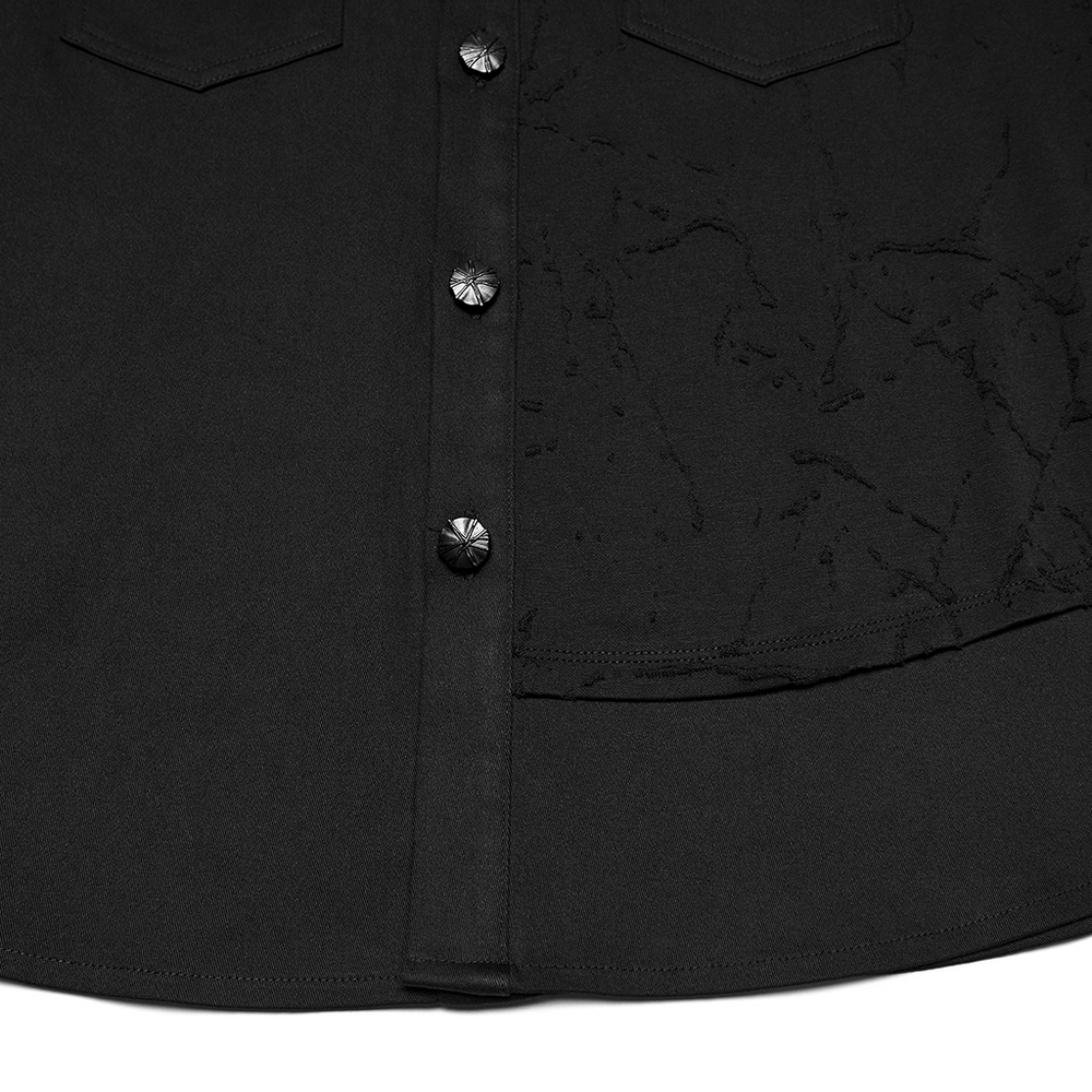 Close-up view of Black Gothic Military Shirt with Studded Shoulder Detail showcasing unique buttons and textured fabric.
