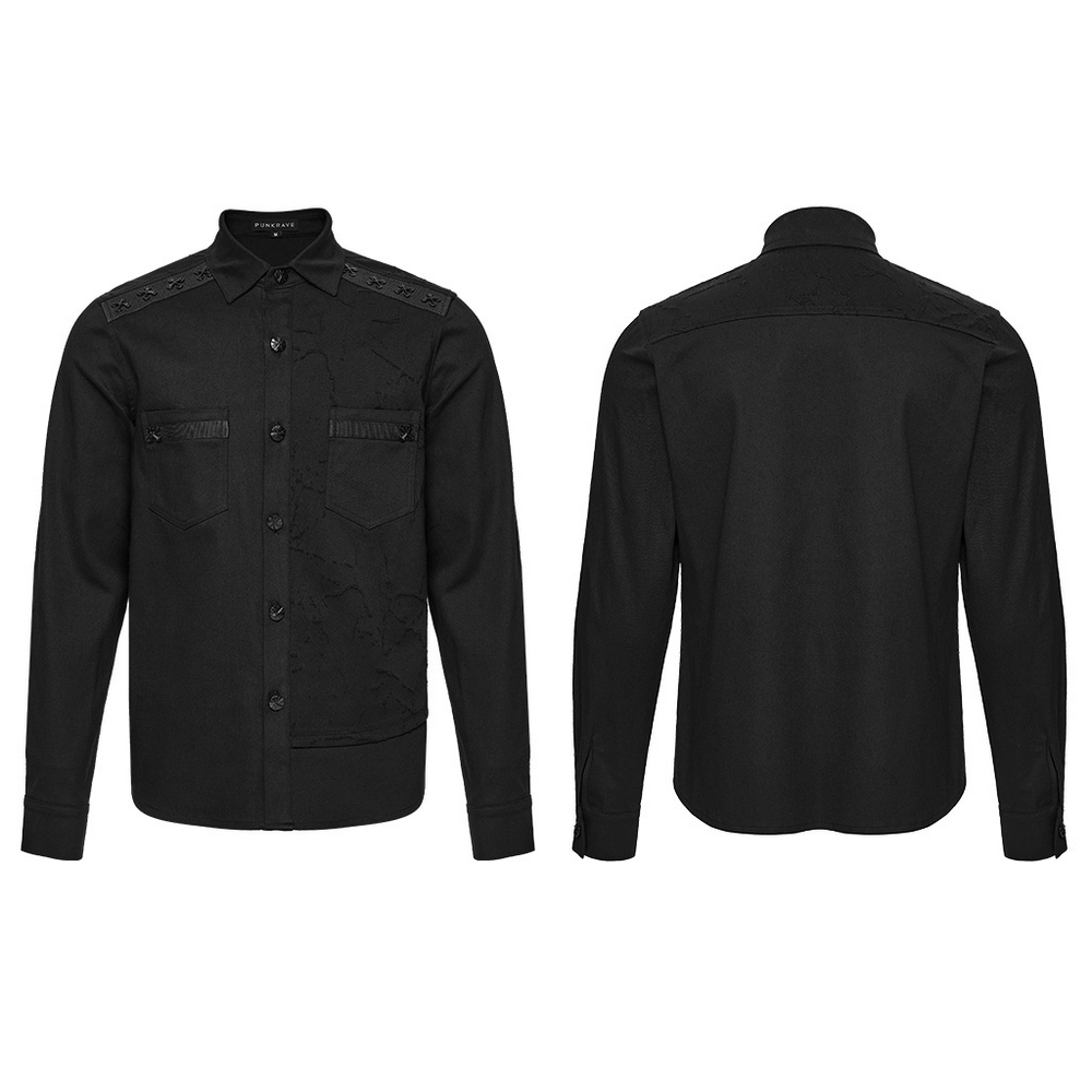 Black Gothic Military Shirt with Studded Shoulder Detail showcasing a bold design with textured materials and 3D studs.