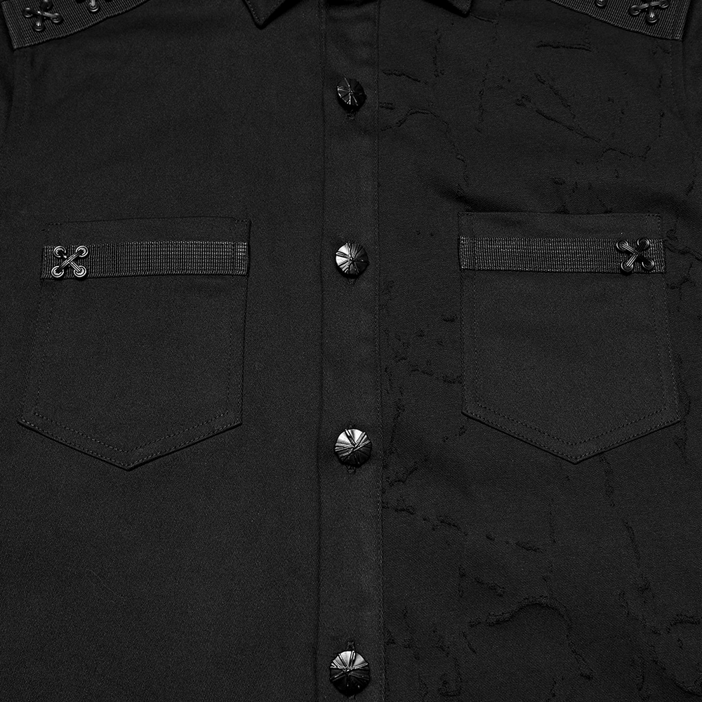 Black Gothic Military Shirt with Studded Shoulder Detail front view showcasing buttons and pockets.