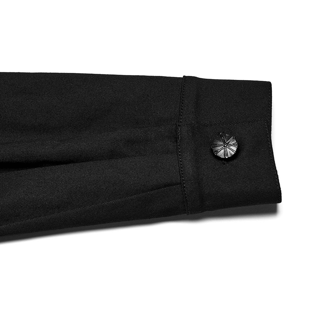 Black Gothic Military Shirt with Studded Shoulder Detail close-up of cuff with button detail