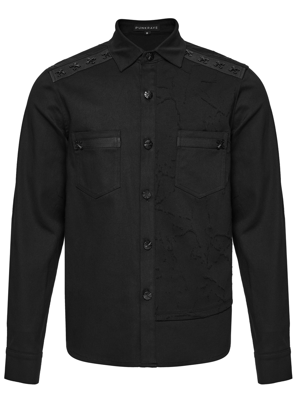 Black Gothic Military Shirt with Studded Shoulder Detail featuring 3D studs and textured fabric for a cyberpunk style.