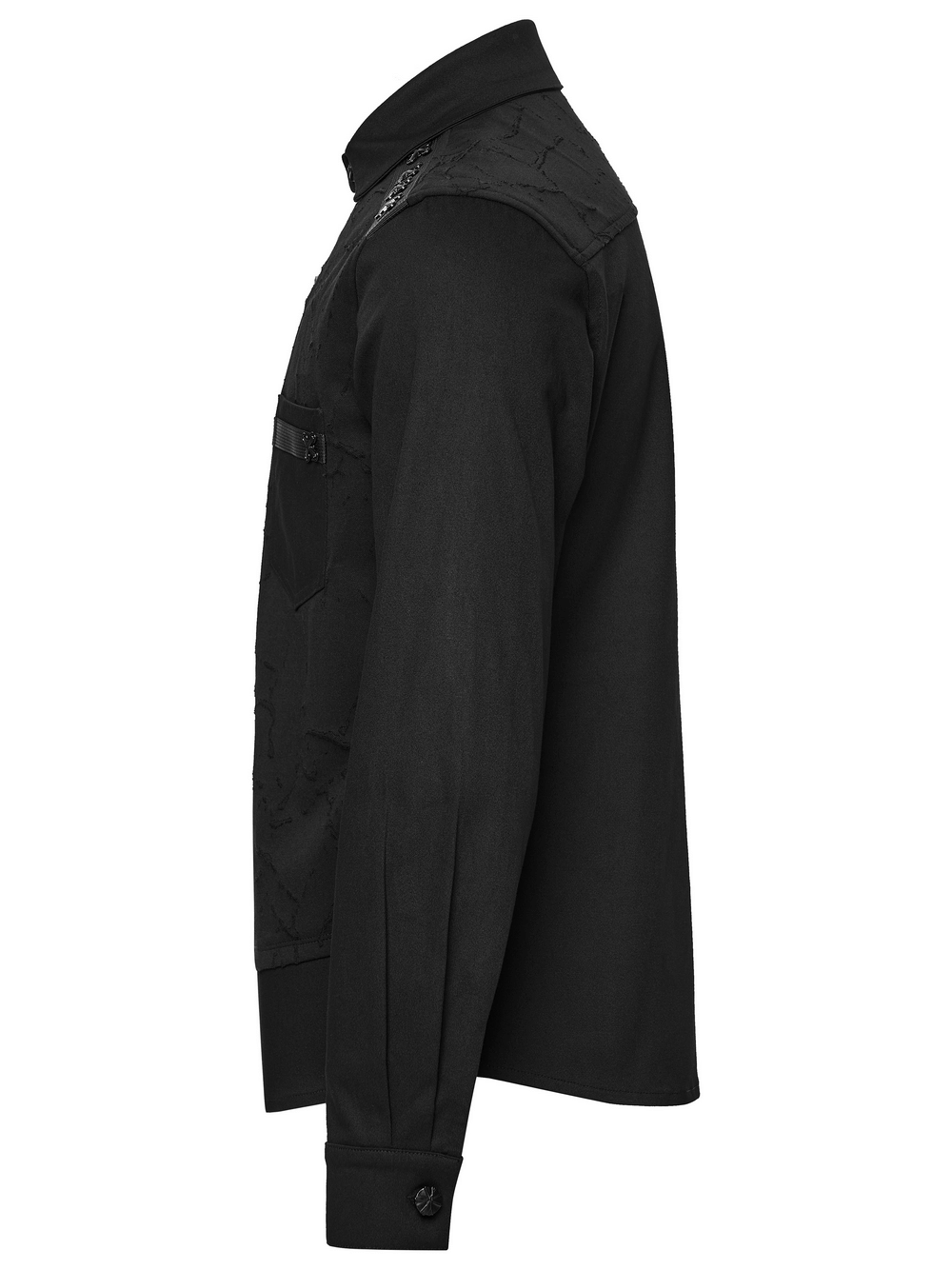 Black Gothic Military Shirt with Studded Shoulder Detail side view showcasing unique fabric textures and bold design accents.