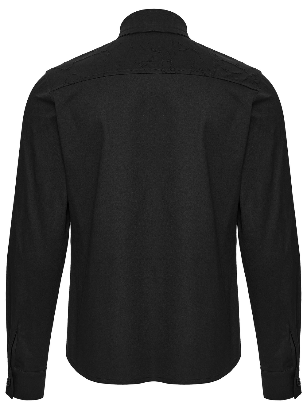 Back view of Black Gothic Military Shirt with Studded Shoulder Detail showcasing twill fabric and gothic design.
