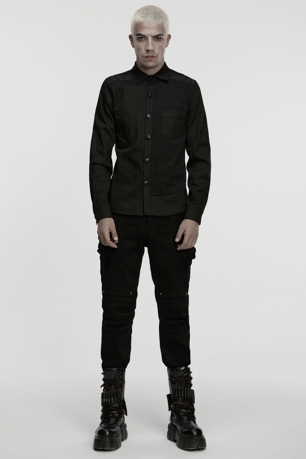 Black Gothic Military Shirt with Studded Shoulder Detail modeled by a person in a dark setting.