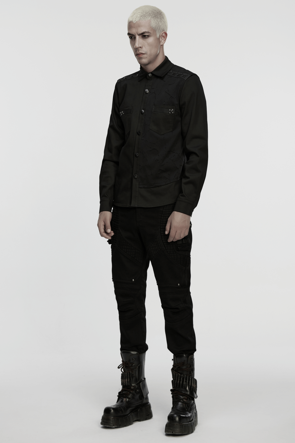 Black Gothic Military Shirt with Studded Shoulder Detail modeled by a person, showcasing cyberpunk style.