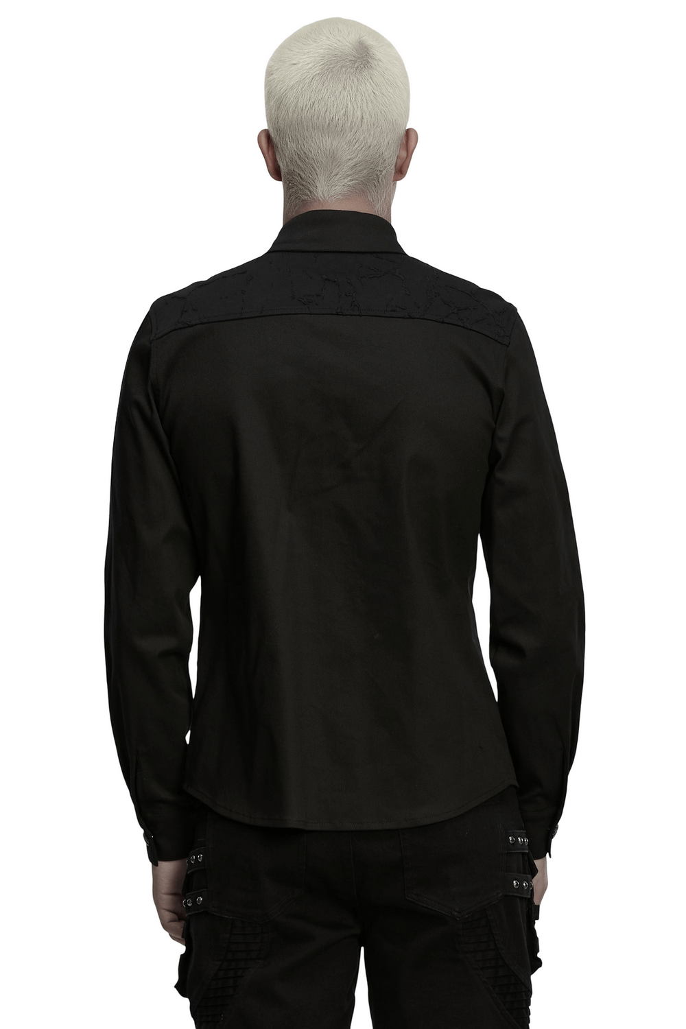 Back view of a Black Gothic Military Shirt with Studded Shoulder Detail, showcasing its sleek design and unique shoulder accents.