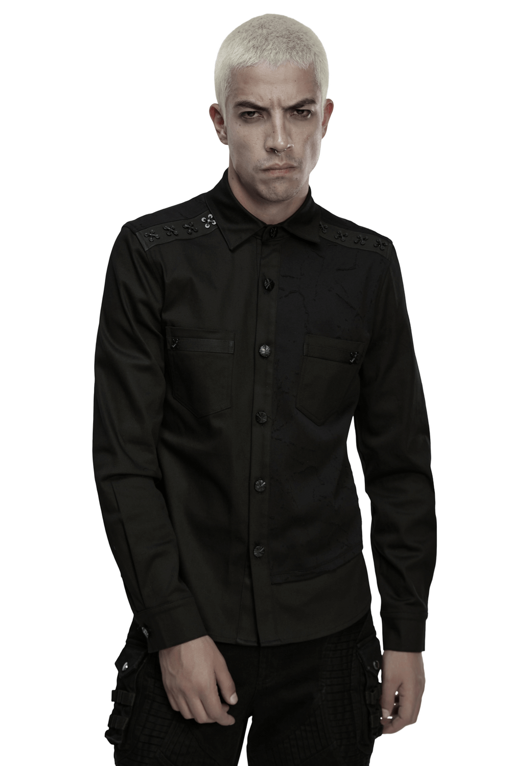 Black Gothic Military Shirt with Studded Shoulder Detail worn by model, showcasing 3D studs and a sleek cyberpunk style.