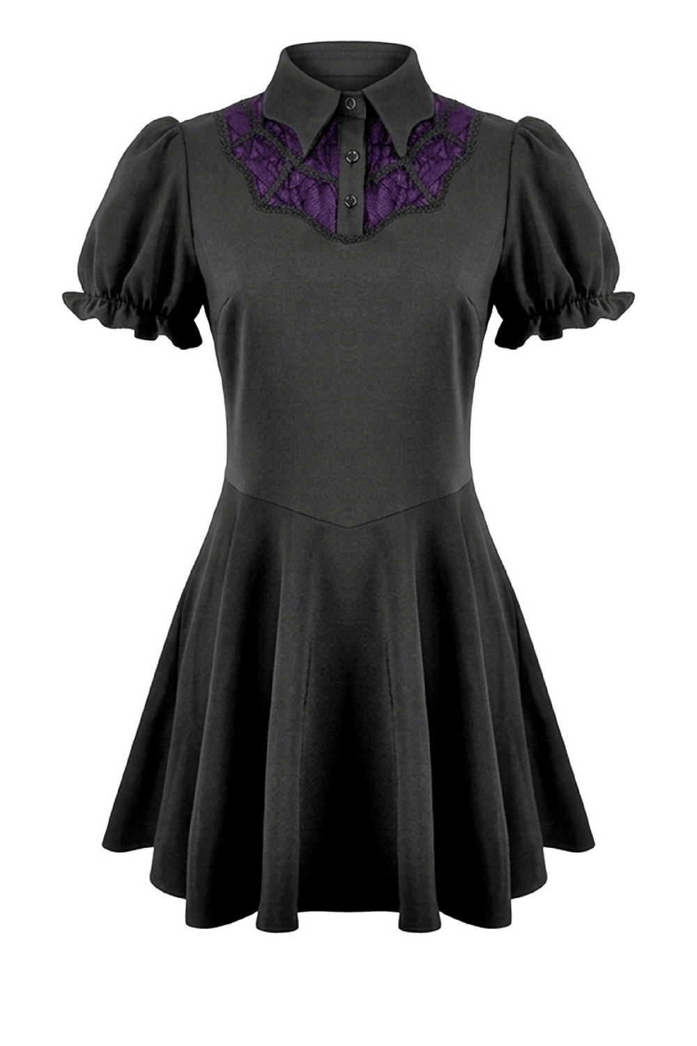 Black Gothic Mini Dress with Purple Lace Yoke featuring puff sleeves and skater skirt design.