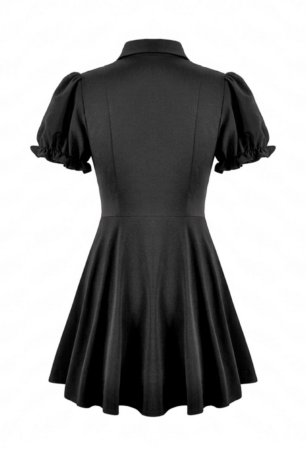 Black Gothic Mini Dress with Purple Lace Yoke back view with puff sleeves and skater skirt silhouette.