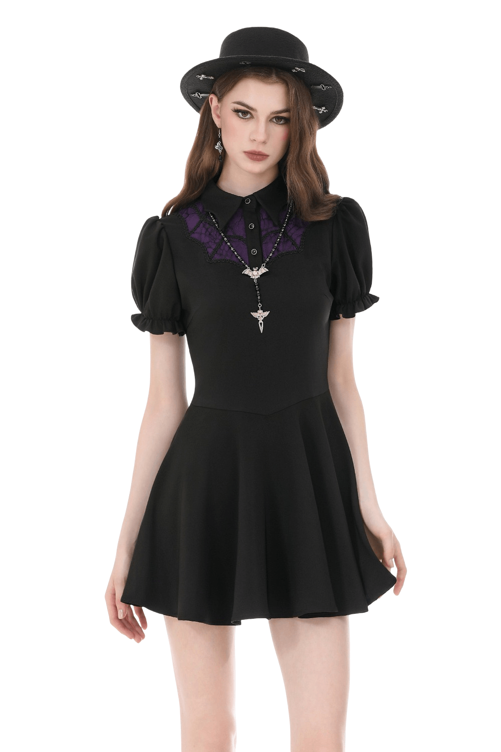 Black Gothic Mini Dress with Purple Lace Yoke featuring puff sleeves and pointed collar, styled for a chic dark academia look.