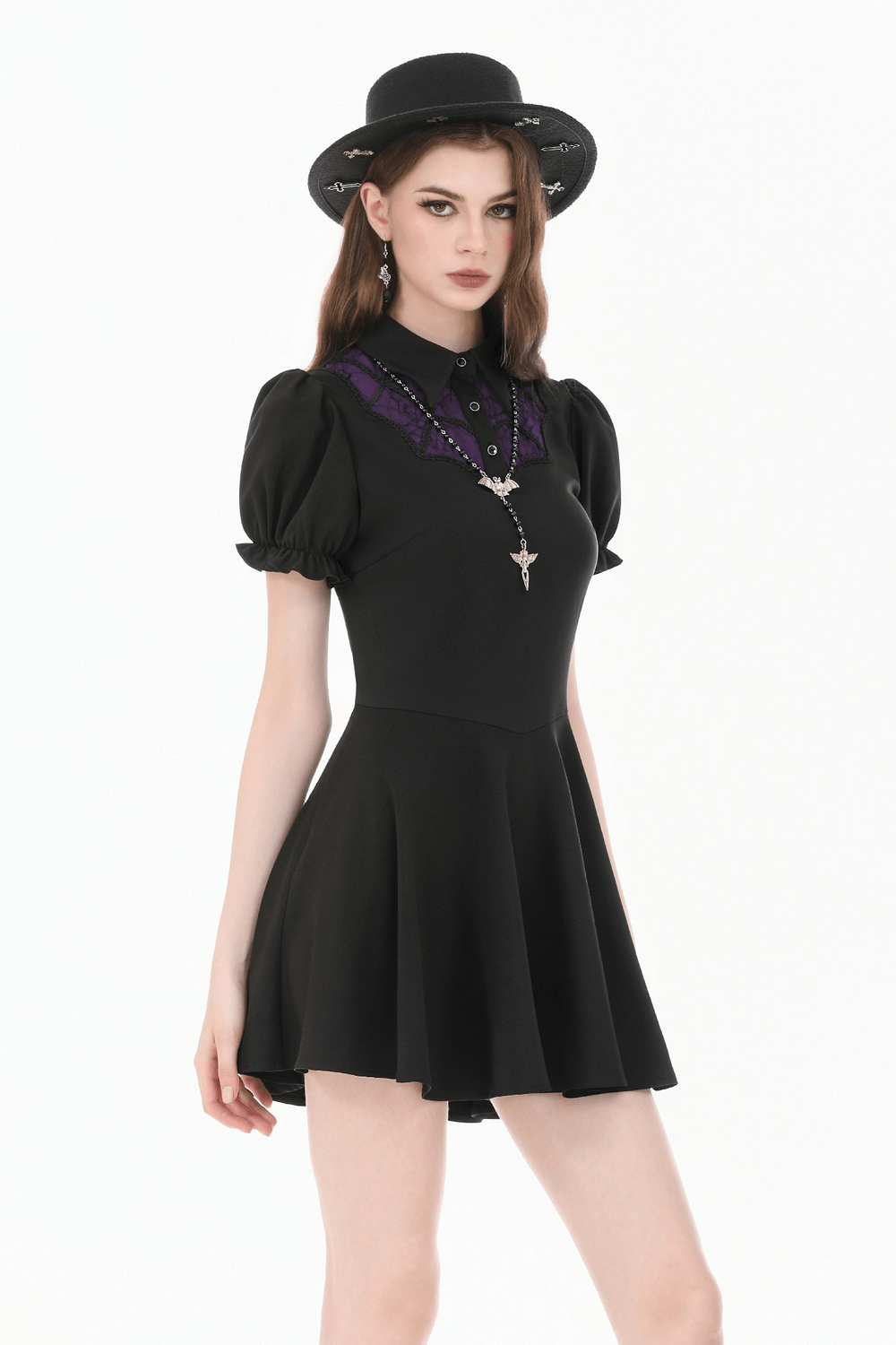 Black Gothic Mini Dress with Purple Lace Yoke featuring puff sleeves and a flared skirt, styled for dark academia charm.