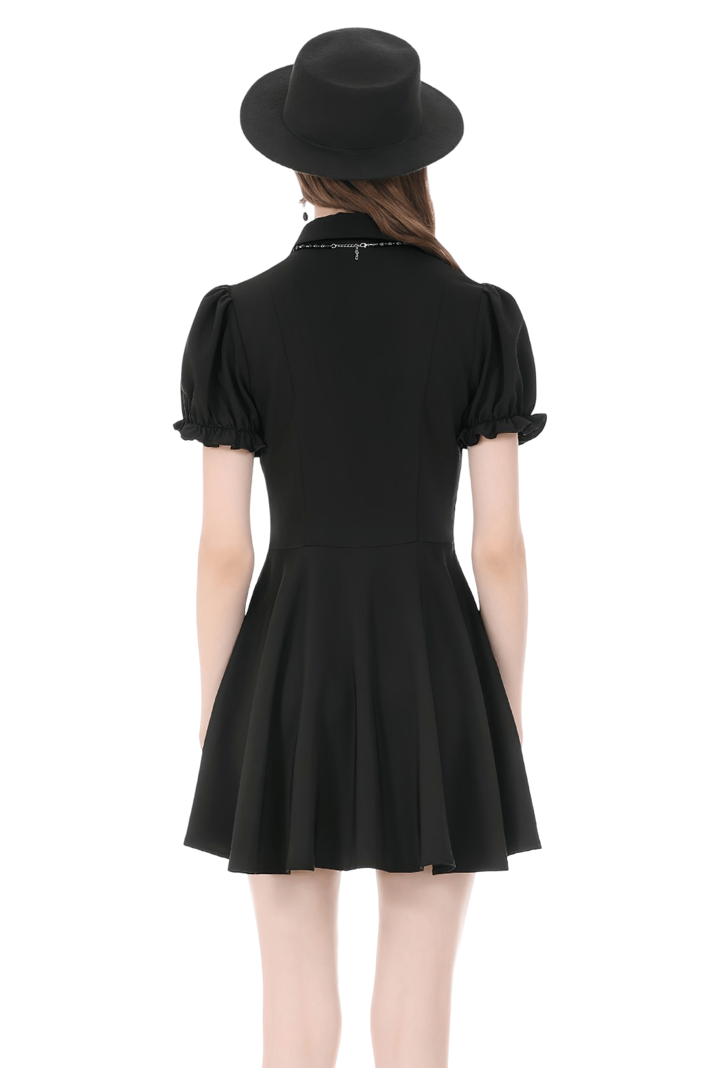 Back view of the Black Gothic Mini Dress with Purple Lace Yoke featuring puff sleeves and a flared skirt.