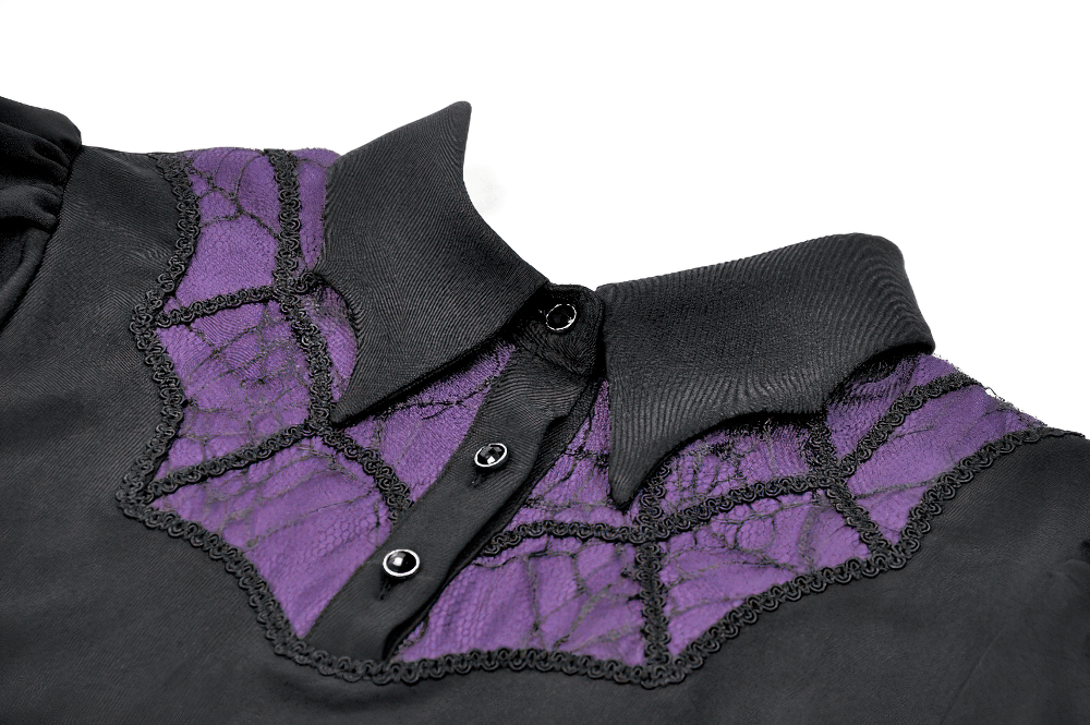 Black Gothic Mini Dress with Purple Lace Yoke detailed collar and purple lace yoke close-up for a witchy inspired fashion look.