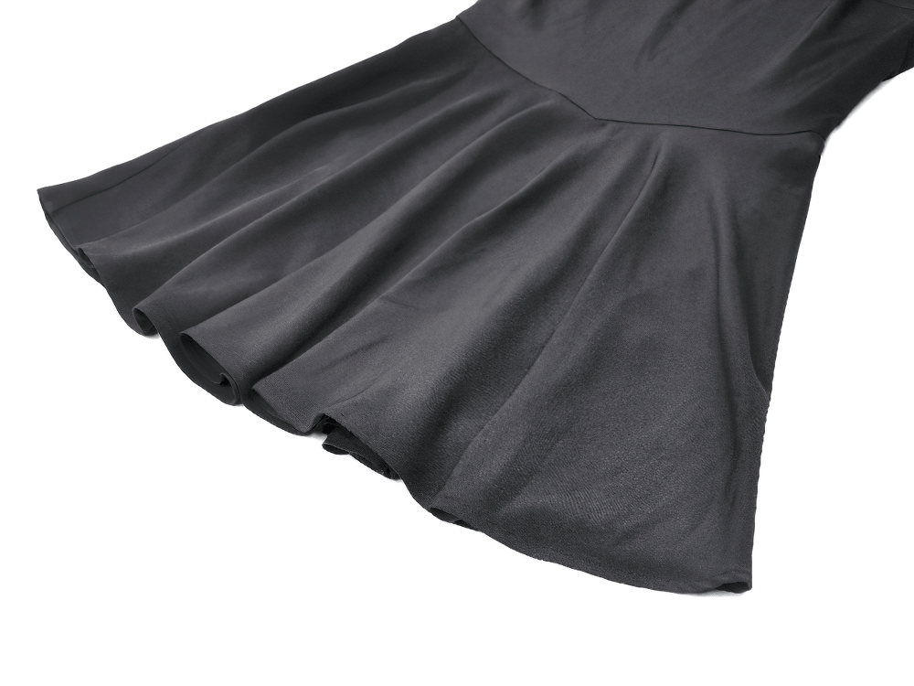 Black Gothic Mini Dress with Purple Lace Yoke flared skater skirt detail showing soft flowing fabric.