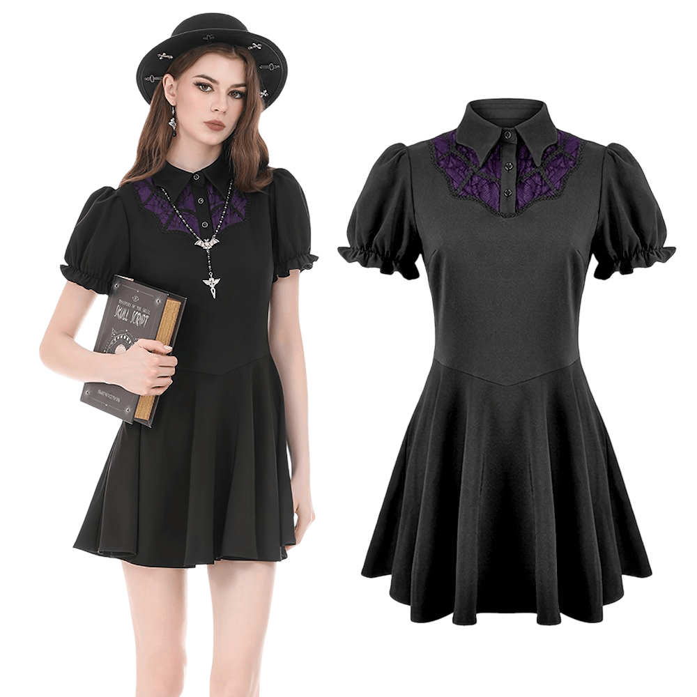 Black Gothic Mini Dress with Purple Lace Yoke worn by model, showcasing puff sleeves and a flared skater skirt.