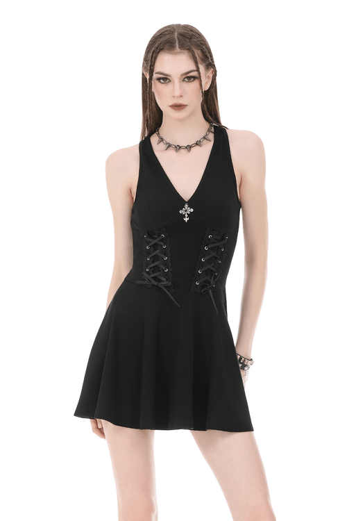 Vestido Mini Gótico Negro con Cordones Laterales de Corsé