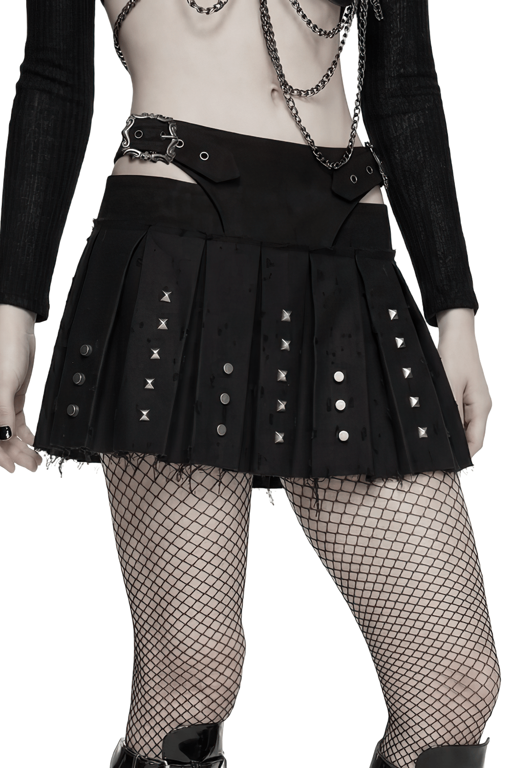 Black Gothic Mini Skirt with Metal Rivet Panels showcased with a stylish pleated design and edgy buckle accents.