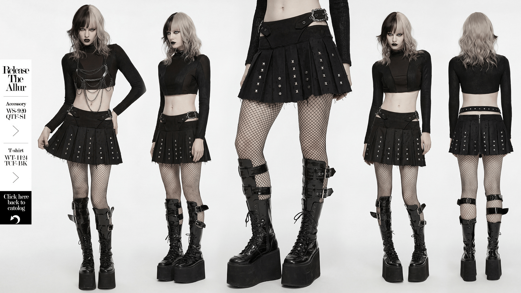 Black Gothic Mini Skirt with Metal Rivet Panels styled with a black top and striking accessories.