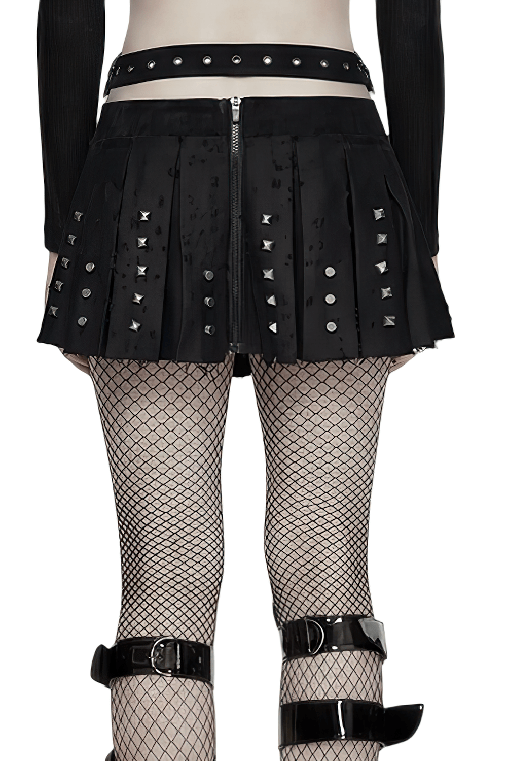 Black Gothic Mini Skirt with Metal Rivet Panels showcasing a rebellious pleated design and edgy metal accents.