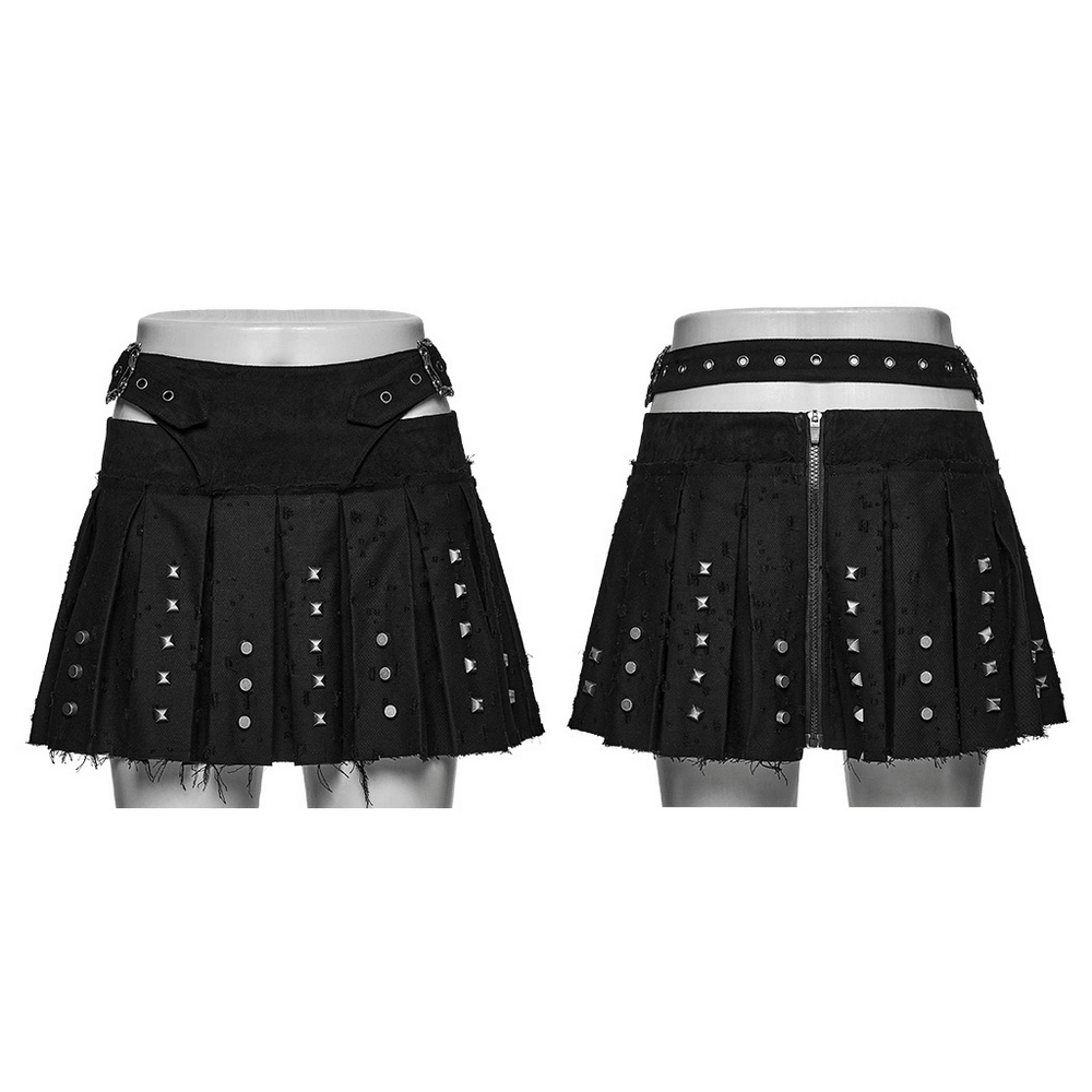 Black Gothic Mini Skirt with Metal Rivet Panels showcasing pleated design and cross buckles.