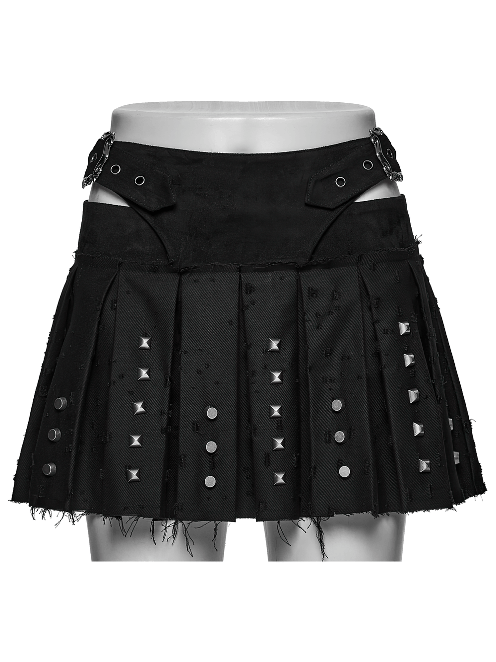 Black Gothic Mini Skirt with Metal Rivet Panels showcasing pleats and cross buckles for a punk edgy style.