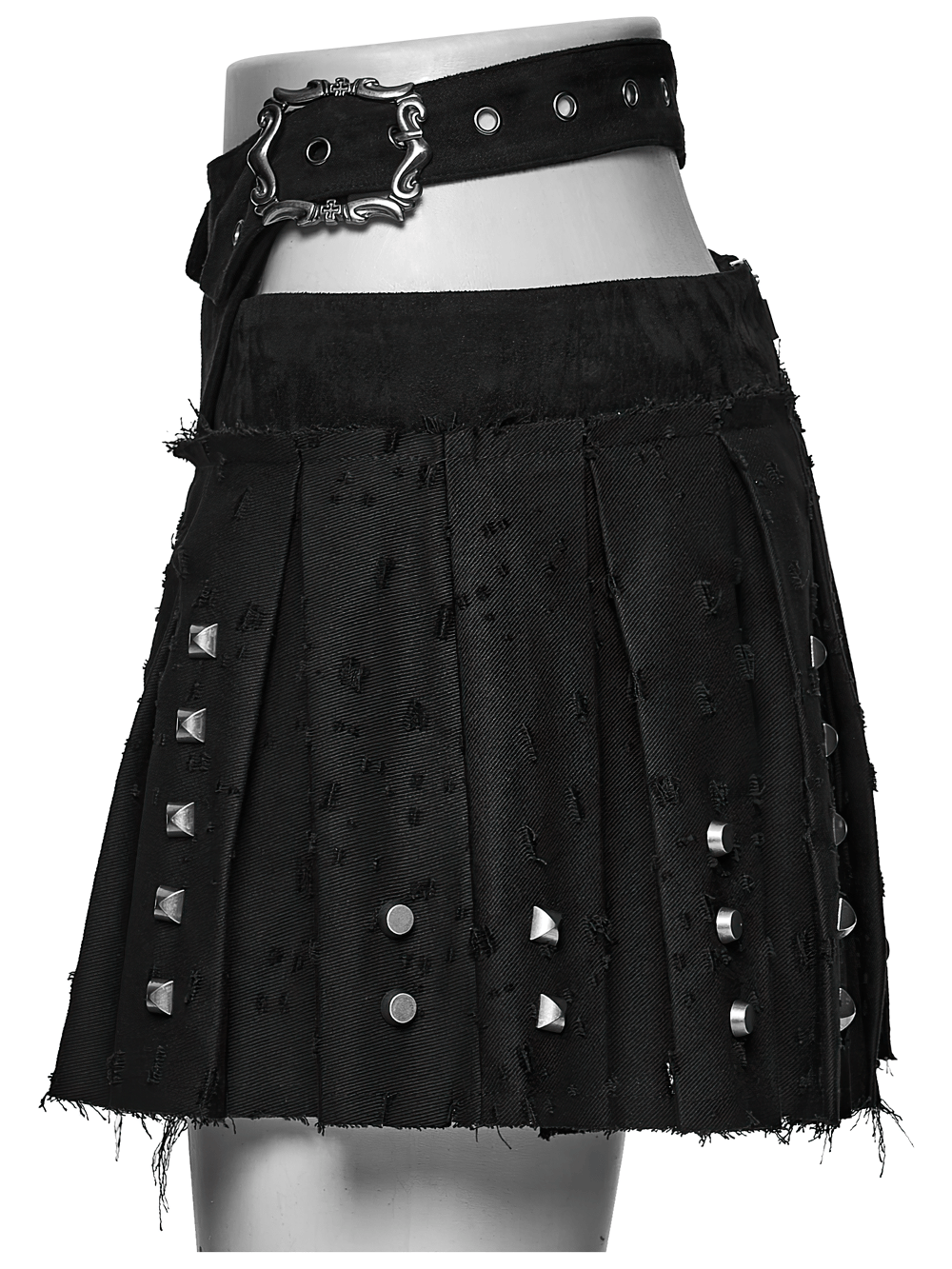 Black Gothic Mini Skirt with Metal Rivet Panels, featuring pleats, cross buckles, and metal studs for a punk look.