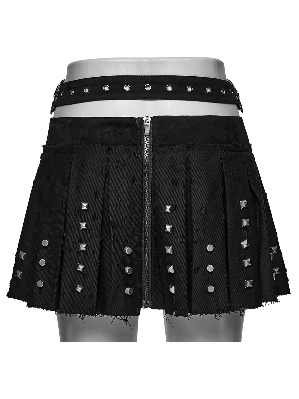 Black Gothic Mini Skirt with Metal Rivet Panels showcasing pleats and metal details, perfect for a punk-inspired look.