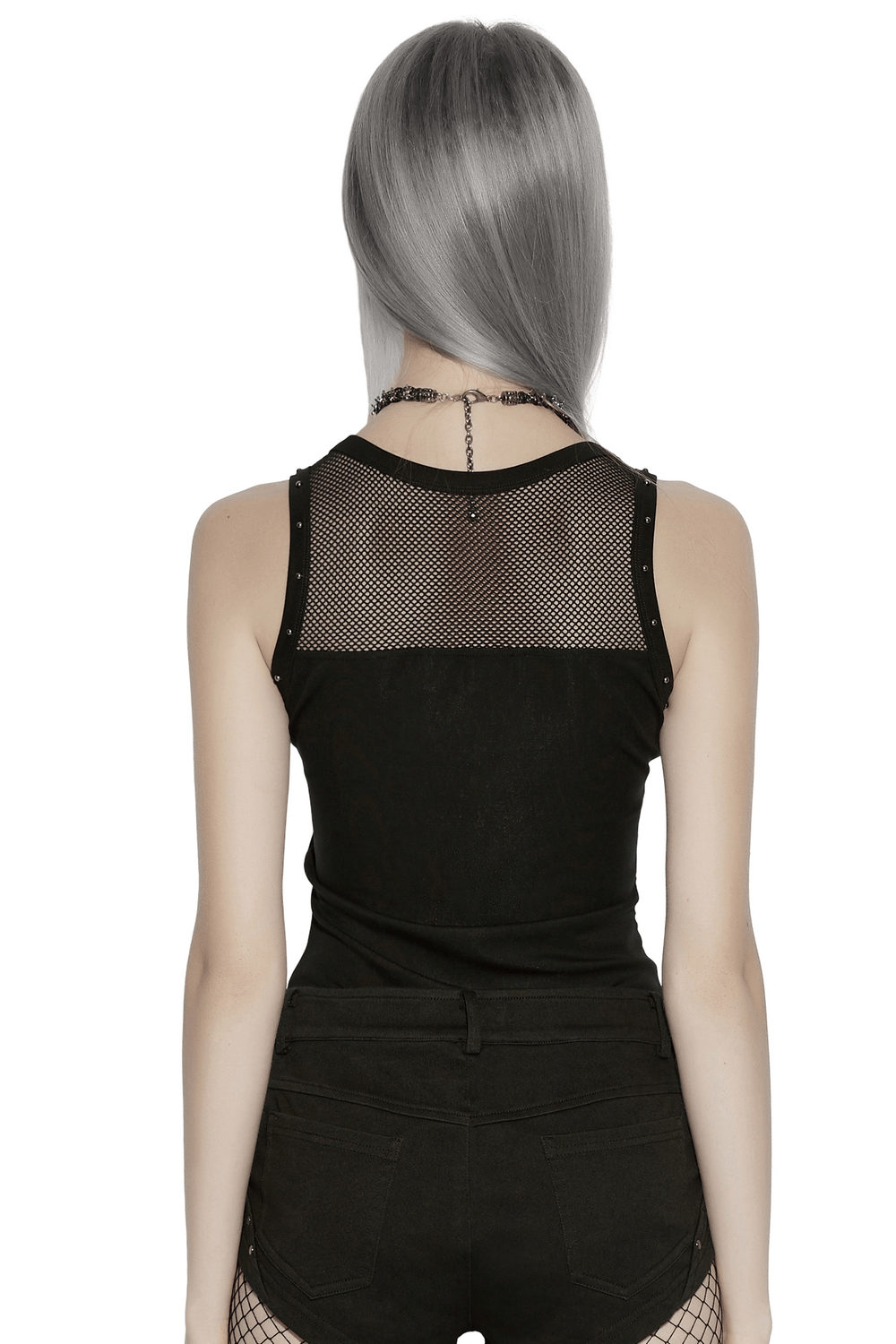 Back view of model wearing Black Gothic Moon Phase Mesh Tank Top with Rivet Trim, mesh panel and rivet shoulder details