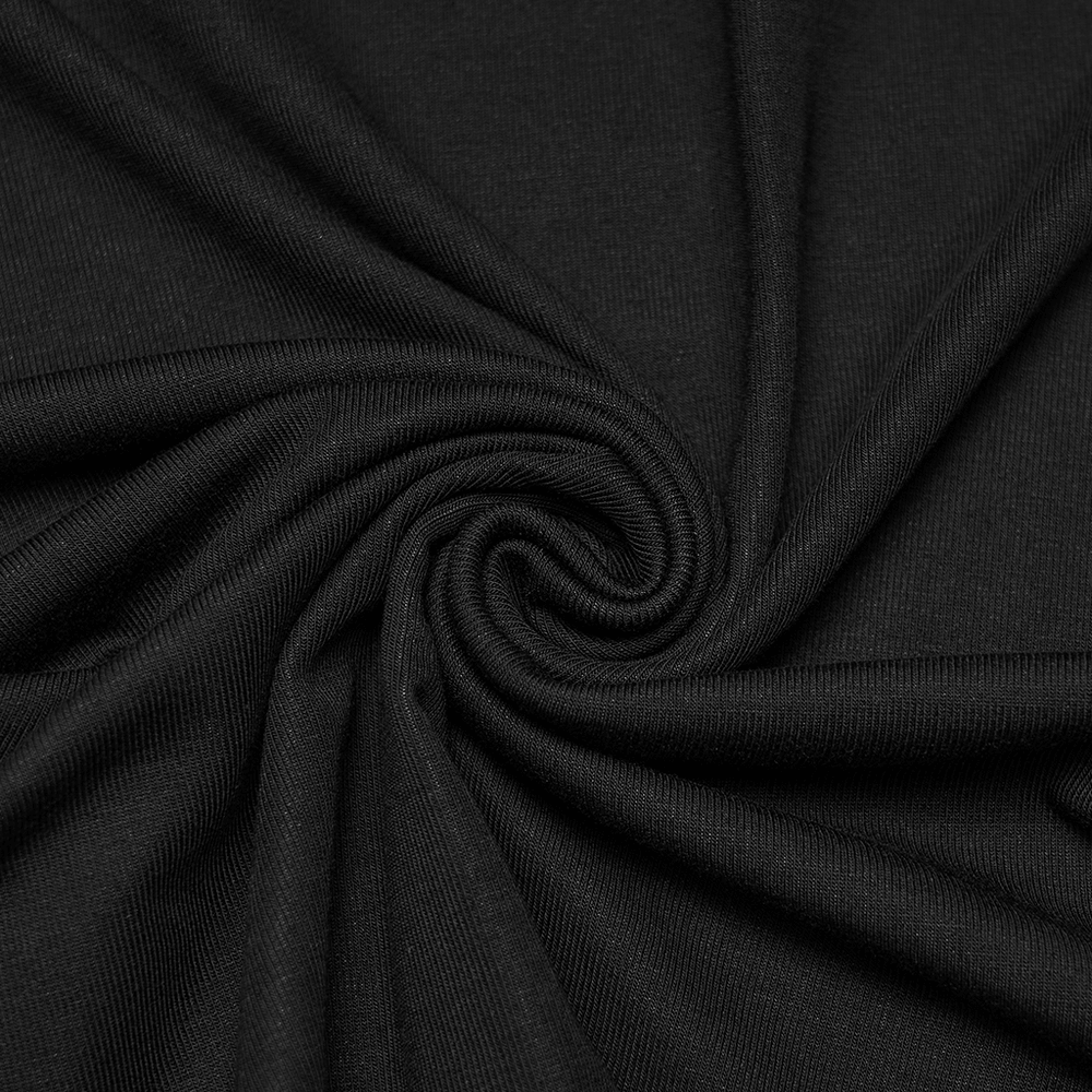 Alt Tag: Black Gothic Moon Phase Mesh Tank Top with Rivet Trim black knit fabric close-up swirl—soft, stretchy, goth-ready texture