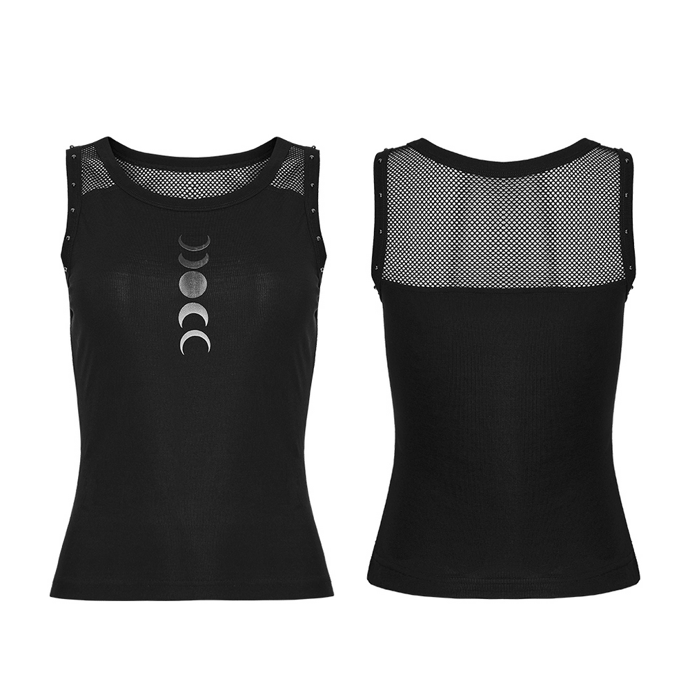 Alt Tag: Black Gothic Moon Phase Mesh Tank Top with Rivet Trim, black goth tank with moon phases print, mesh yoke, rivet shoulder trim
