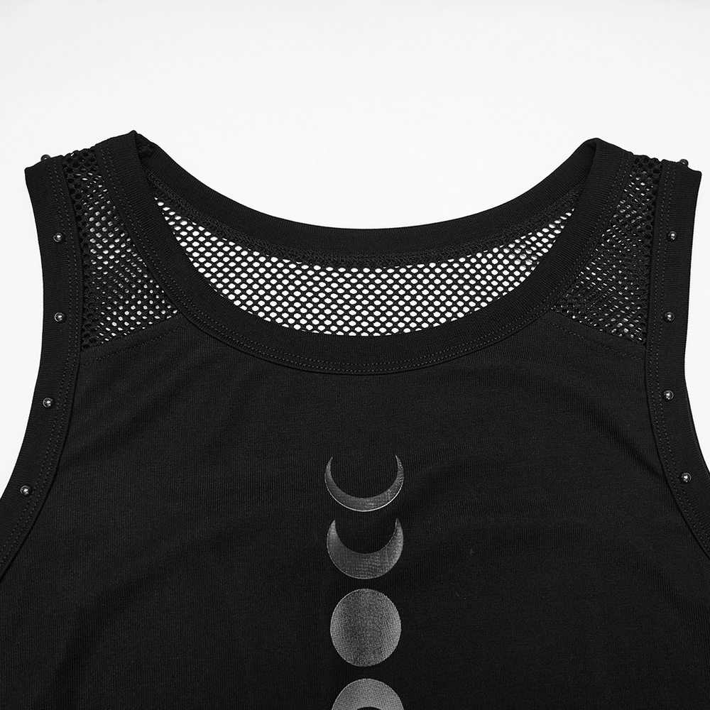 Alt Tag: Black Gothic Moon Phase Mesh Tank Top with Rivet Trim featuring mesh yoke, shoulder rivets, and moon phase print in black