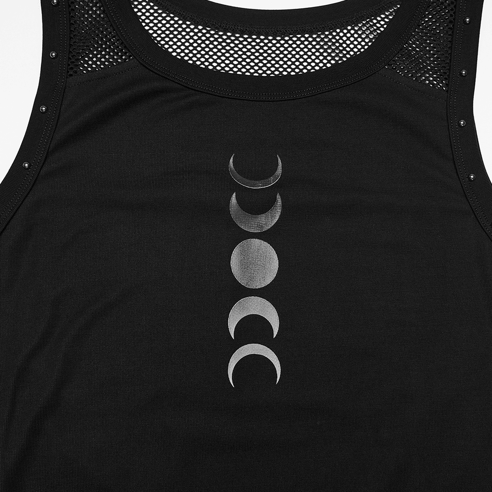 Alt Tag: Black Gothic Moon Phase Mesh Tank Top with Rivet Trim featuring moon phase print, mesh neckline panel, and shoulder rivet details