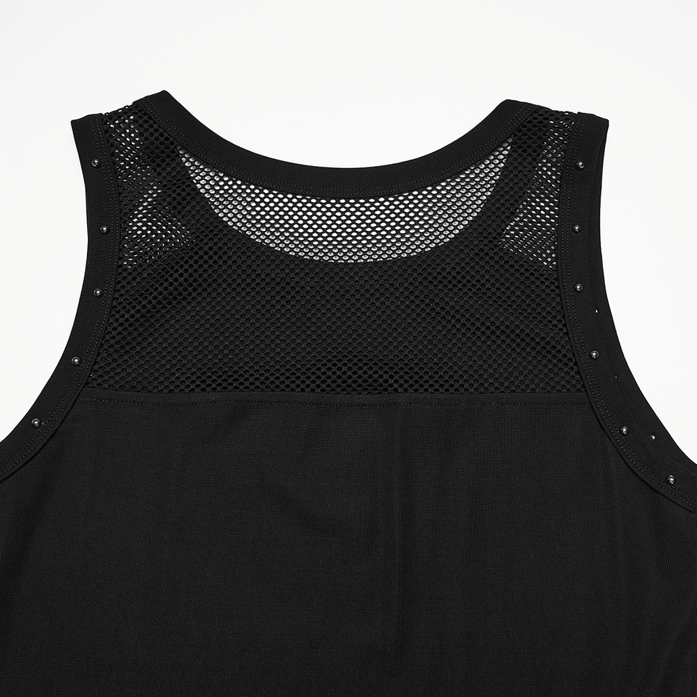 Alt Tag: Black Gothic Moon Phase Mesh Tank Top with Rivet Trim, black mesh yoke and rivet-trim shoulders close-up