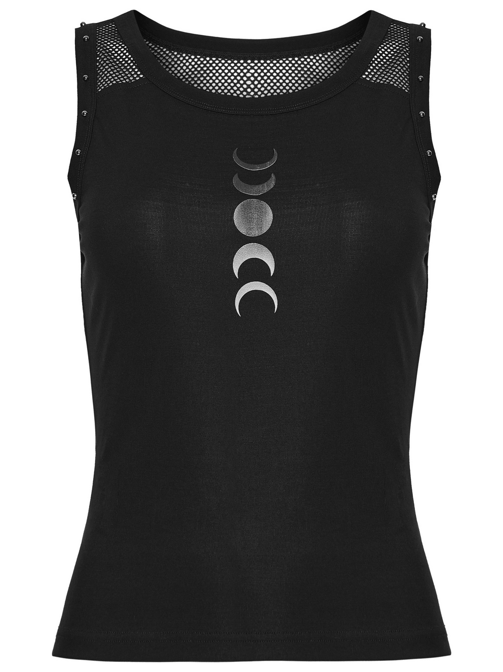 Alt Tag: Black Gothic Moon Phase Mesh Tank Top with Rivet Trim – black sleeveless goth top with mesh shoulders, rivet trim, and moon phase print