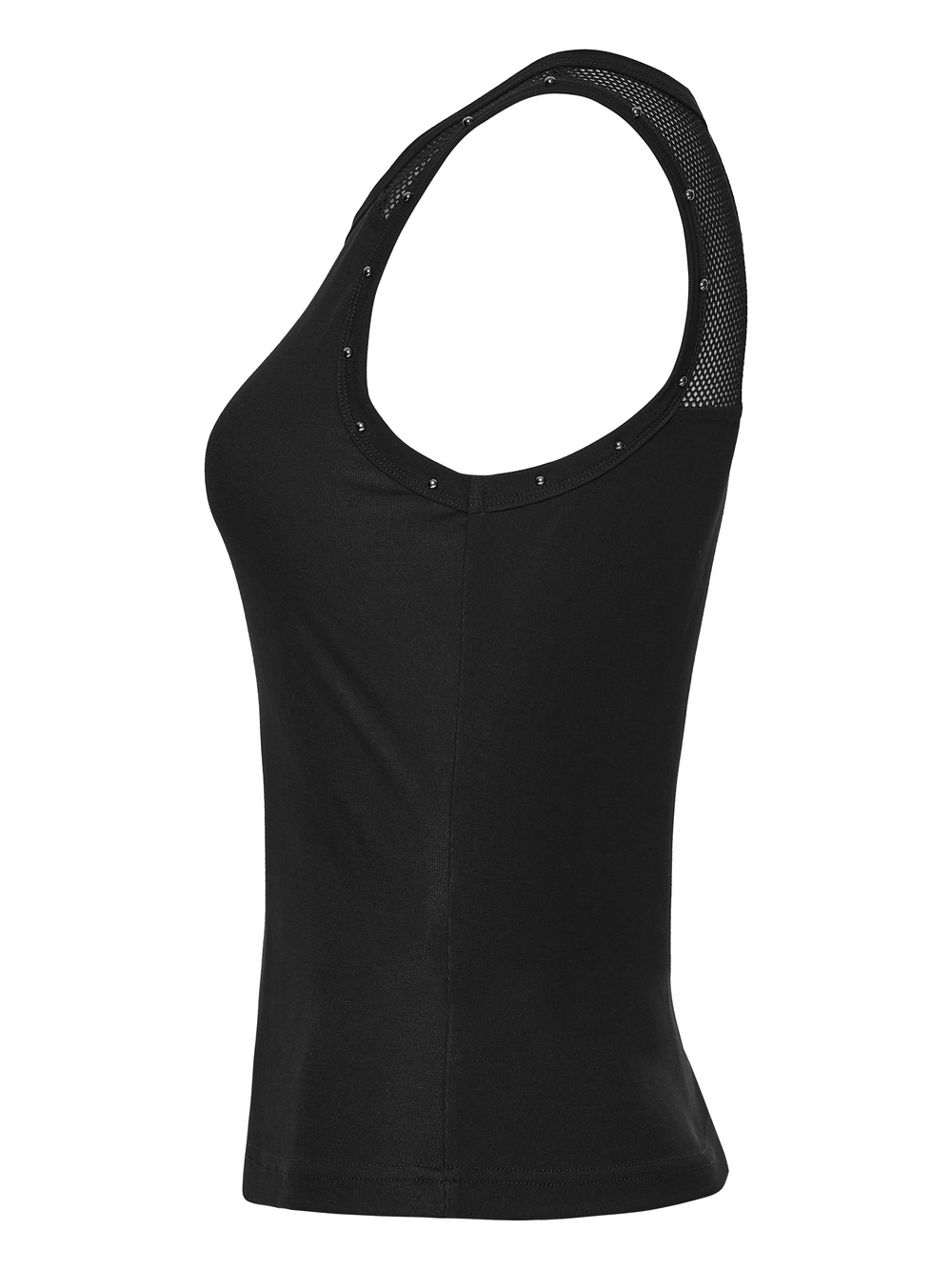 Alt Tag: Black Gothic Moon Phase Mesh Tank Top with Rivet Trim black goth tank with mesh neckline panel and shoulder rivet trim, side view