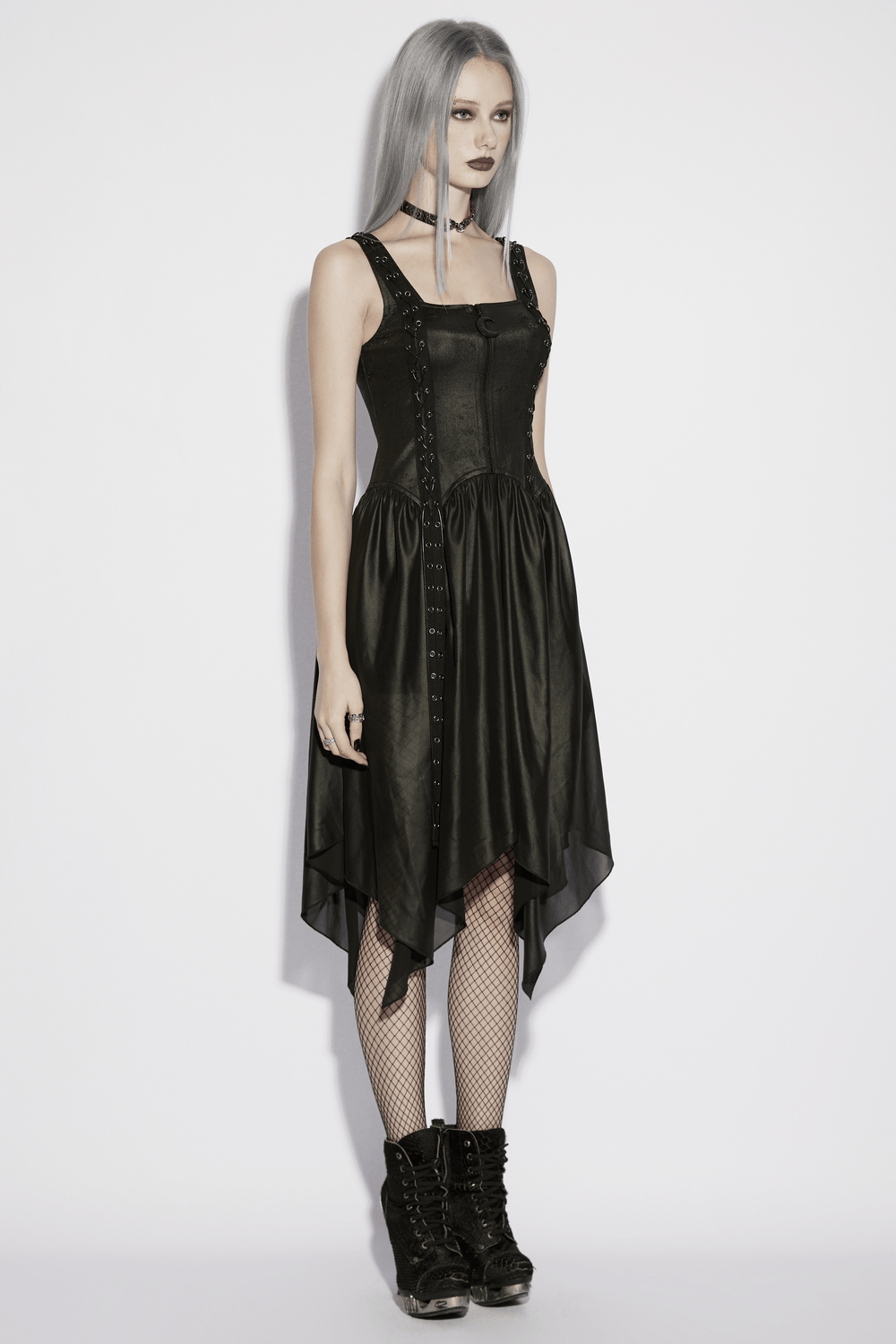 Black Gothic Moon Zip Handkerchief Hem Midi Dress featuring a striking design with crescent zip and unique hem.