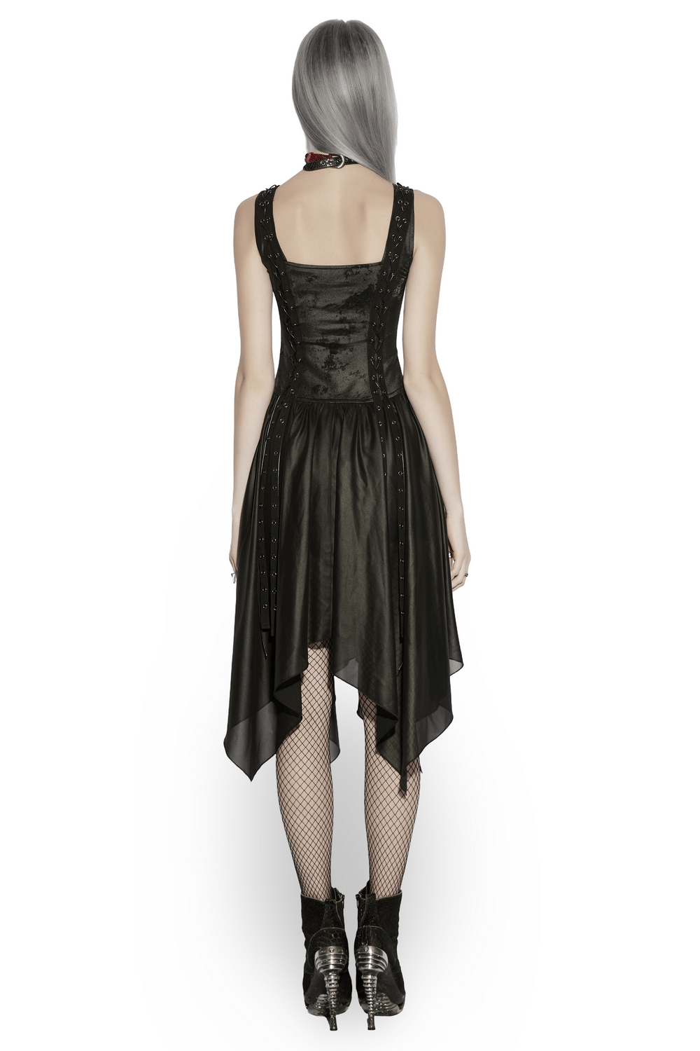 Back view of the Black Gothic Moon Zip Handkerchief Hem Midi Dress featuring lacing and handkerchief hem.